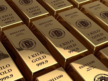 birçok altın külçelerini 3D çizimi ile bitcoin cryptocurrency sembolü. Dijital altın, cryptocurrency değeri, yapımların fikri. Elektronik hisse senetleri ve yatırım 3D render.