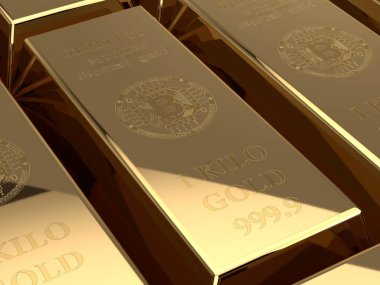birçok altın külçelerini 3D çizimi ile bitcoin cryptocurrency sembolü. Dijital altın, cryptocurrency değeri, yapımların fikri. Elektronik hisse senetleri ve yatırım 3D render.