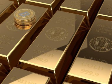 birçok altın külçelerini 3D çizimi ile bitcoin cryptocurrency sembolü. Dijital altın, cryptocurrency değeri, yapımların fikri. Elektronik hisse senetleri ve yatırım 3D render.