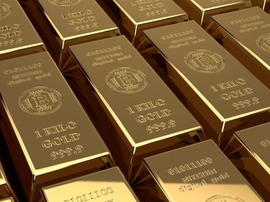 bitcoin, uluslararası cryptocurrency işareti sembolü ile birçok altın külçeleri, 3D çizimi. Haysiyet, dijital altın, elektronik para geliştirilmesi umudu fikri.
