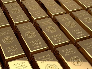 bitcoin, uluslararası cryptocurrency işareti sembolü ile birçok altın külçeleri, 3D çizimi. Haysiyet, dijital altın, elektronik para geliştirilmesi umudu fikri.