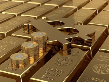bitcoin, uluslararası cryptocurrency işareti sembolü ile birçok altın külçeleri, 3D çizimi. Haysiyet, dijital altın, elektronik para geliştirilmesi umudu fikri.