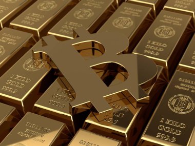 bitcoin, uluslararası cryptocurrency işareti sembolü ile birçok altın külçeleri, 3D çizimi. Haysiyet, dijital altın, elektronik para geliştirilmesi umudu fikri.