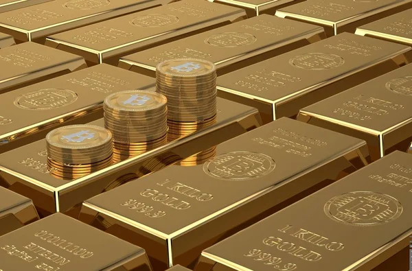 Illustration Vieler Goldbarren Mit Dem Symbol Von Bitcoin Dem Zeichen — Stockfoto