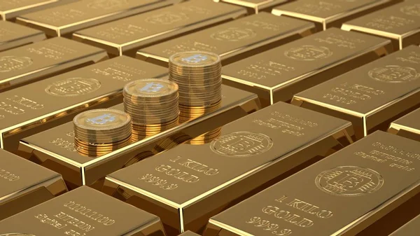 Ілюстрація Багато Золота Злитках Символ Bitcoin Знак Міжнародної Cryptocurrency Ідея — стокове фото