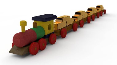 3D resimde bir ahşap çok renkli tren, oyuncak. Tren, tren, külçe altının otomobillerde şanslı. Beyaz arka planda, bütçe, fon, fikrine izole görüntü altın rezerv, sermaye.