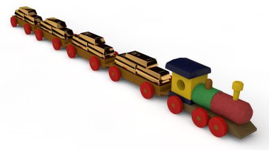 3D resimde bir ahşap çok renkli tren, oyuncak. Tren, tren, külçe altının otomobillerde şanslı. Beyaz arka planda, bütçe, fon, fikrine izole görüntü altın rezerv, sermaye.