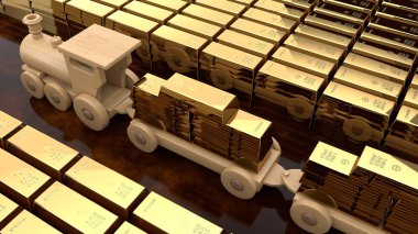tahta tren oyuncak, 3D çizimi altın külçeleri, altın, üstten görünüm çok çeşitli ambar arasında koridor otomobillerde altın külçelerini taşır. Görüntü beyaz arka plan üzerinde izole.