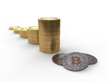 Programı, altın bitcoin sikke, cryptocurrency bir paket. Üç demir bitcoins, paslı. Enflasyon, fikir daraltmak, cryptocurrency oranı düşer. 3D illüstrasyon izole beyaz bir arka plan üzerinde.