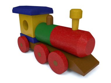 ahşap oyuncak, Tren 3D Illustration. Oyuncak ahşap unsurlar, taşıma Tasarımcısı, çocukluk, Hediyelik, geliştirme fikri. Görüntü izole beyaz zemin üzerine.