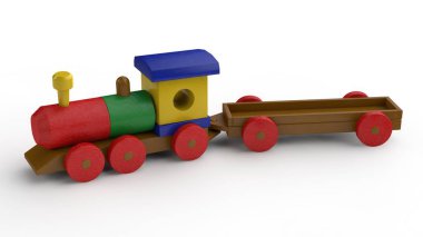 ahşap oyuncak tren boş bir araba ile 3D Illustration. Oyuncak ahşap unsurlar, taşıma Tasarımcısı, çocukluk, Hediyelik, geliştirme fikri. Görüntü izole beyaz zemin üzerine.