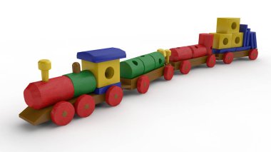 ahşap oyuncak, bir tren bir araba ve tasarımcı ayrıntıları ile 3D Illustration. Oyuncak ahşap unsurlar, taşıma Tasarımcısı, çocukluk, Hediyelik, geliştirme fikri. Görüntü izole beyaz zemin üzerine.