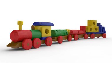 ahşap oyuncak, bir tren bir araba ve tasarımcı ayrıntıları ile 3D Illustration. Oyuncak ahşap unsurlar, taşıma Tasarımcısı, çocukluk, Hediyelik, geliştirme fikri. Görüntü izole beyaz zemin üzerine.