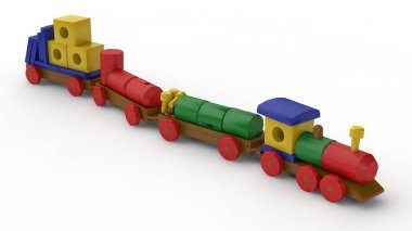ahşap oyuncak, bir tren bir araba ve tasarımcı ayrıntıları ile 3D Illustration. Oyuncak ahşap unsurlar, taşıma Tasarımcısı, çocukluk, Hediyelik, geliştirme fikri. Görüntü izole beyaz zemin üzerine.