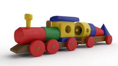 ahşap oyuncak, bir tren bir araba ve tasarımcı ayrıntıları ile 3D Illustration. Oyuncak ahşap unsurlar, taşıma Tasarımcısı, çocukluk, Hediyelik, geliştirme fikri. Görüntü izole beyaz zemin üzerine.