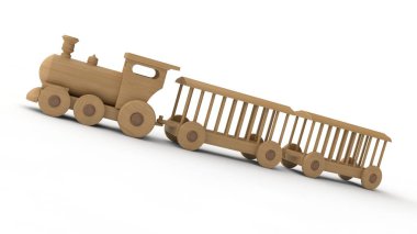 ahşap bir lokomotif ve boş vagonlar 3D Illustration. Çocuk oyuncak, model, Hediyelik eşya. Beyaz arka plan üzerinde izole 3d render. Tren hareket ettirildiğinde, yakın çekim