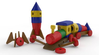 ahşap bir tren, oyuncak bir araba ile 3D Illustration. Fırlatma için bir uzay roketi ayrıntılarını taşır. Füze monte edilir. Cosmodrome çocuk tasarımcısının. beyaz bir arka plan üzerinde izole