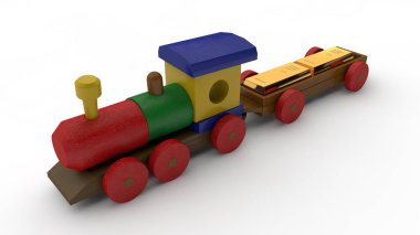 ahşap bir tren, oyuncak bir araba ile 3D Illustration. Şanslı iki altın külçeleri. Fikri sermaye, mevduat, para fonu, mali rezerv, zenginlik. Görüntü izole beyaz zemin üzerine.