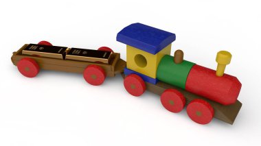ahşap bir tren, oyuncak bir araba ile 3D Illustration. Şanslı iki altın külçeleri. Fikri sermaye, mevduat, para fonu, mali rezerv, zenginlik. Görüntü izole beyaz zemin üzerine.