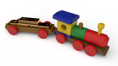 ahşap bir tren, oyuncak bir araba ile 3D Illustration. Şanslı üç altın külçeleri. Banka, fikri sermaye, mevduat, para fonu, mali rezerv, zenginlik. Görüntü izole beyaz zemin üzerine.