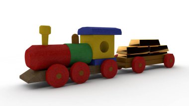 ahşap bir tren, oyuncak bir araba ile 3D Illustration. Şanslı beş altın külçeleri. Fikir, sermaye, para, para fonu, mali rezerv, zenginlik, devletin bütçe. Görüntü izole beyaz zemin üzerine.