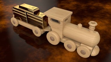 Tahta tren oyuncak araba külçe altının taşıyor. Altın rezerv, para fonu, zimmete para geçirme ve yatırım fikri. 3D çizim, beyaz arka plan üzerinde izole görüntü.