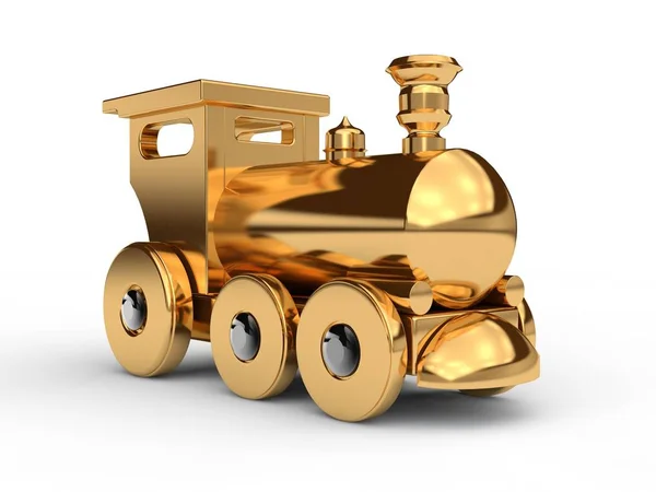 黄金火车头的例子 是用黄金制成的儿童玩具 银行系统的想法 一个黄金纪念品 渲染在白色背景上 — 图库照片