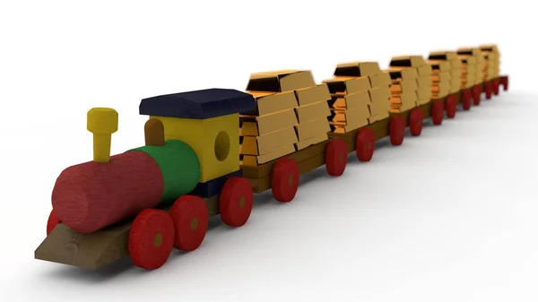 一个木制的多色火车 玩具的插图 幸运的在金条的汽车 孤立的形象在白色背景 想法预算 黄金储备 — 图库照片