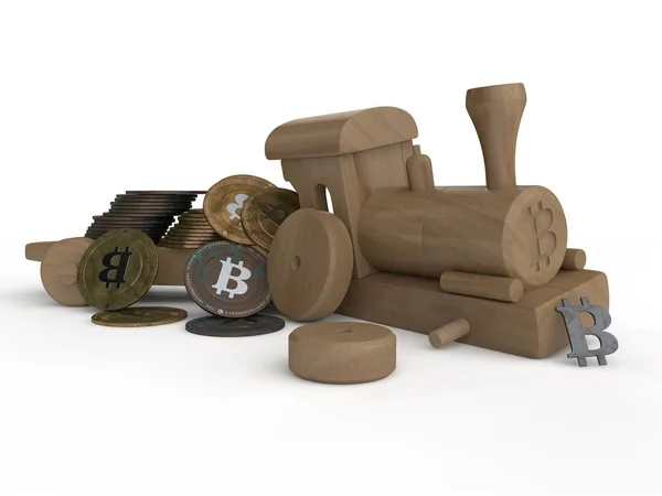 Illustration Wooden Toy Train Crash Crash Cryptocurrency Bitcoin Scattered Bitcoin — Stock Photo, Image