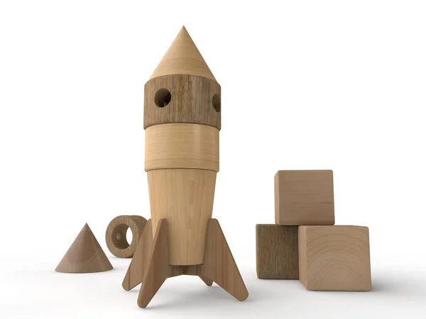 Illustration Space Rocket Wooden Toy Close Standing Upright Children Designer — Stock Photo, Image