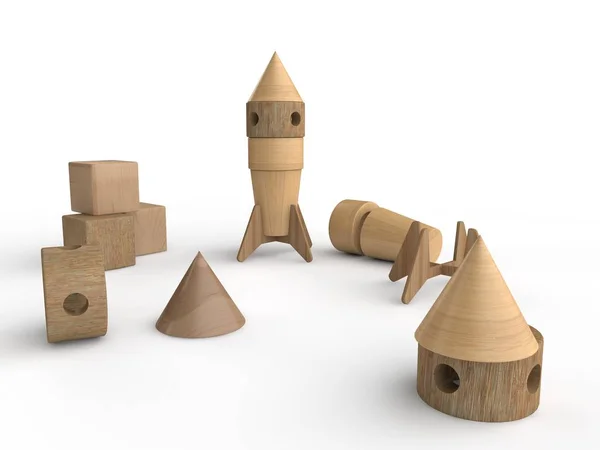 Illustration Einer Zusammengebauten Weltraumrakete Holzspielzeug Nahaufnahme Stehend Eine Rakete Zerlegt — Stockfoto