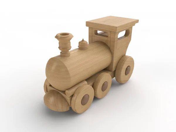 子供のおもちゃの機関車 木製の列車 の図は 白い背景で隔離 クローズ アップ レンダリング — ストック写真