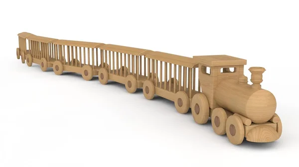 一个木制的机车和货车的例证 儿童玩具 纪念品 在白色背景上隔离的3D — 图库照片