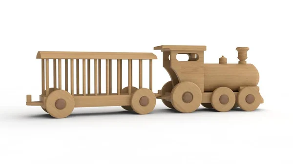 一个木制火车头和一辆空车的例子 儿童玩具 纪念品 在白色背景上隔离的3D — 图库照片