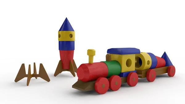 说明了一个木制玩具火车 汽车幸运火箭空间 站在木制火箭旁边 儿童设计师 在白色背景上隔离的图像 — 图库照片