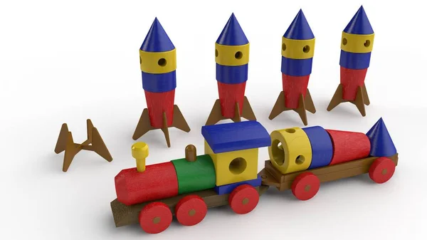 Illustration Wooden Toy Train Lucky Rocket Space Parts Standing Next — Stock Photo, Image