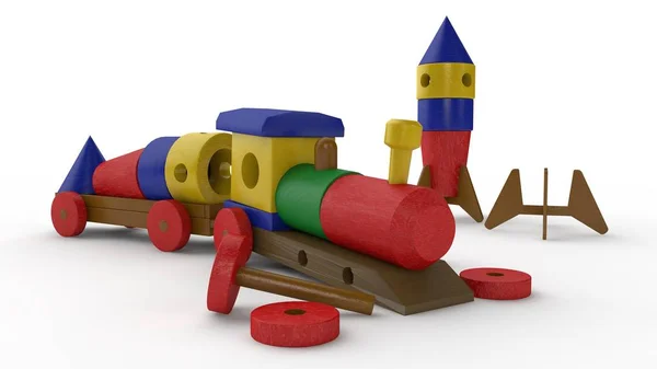 Ilustracja Pociągu Drewniane Zabawki Samochodu Prowadzi Szczegóły Rakiety Kosmicznej Miejsca — Zdjęcie stockowe