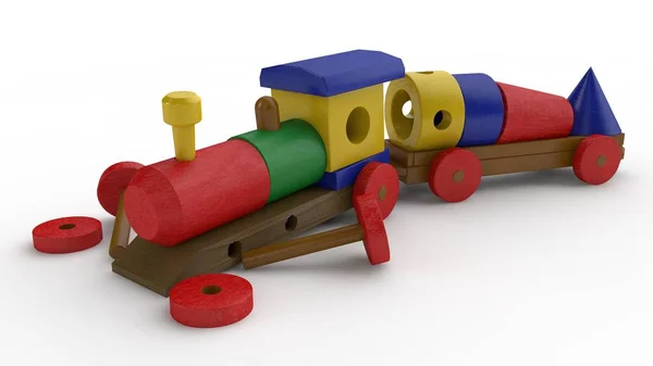 Illustration Wooden Train Toys Car Carries Details Space Rocket Launch — Stock Photo, Image