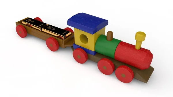 木制火车的插图 玩具与汽车 幸运的两根金条 货币基金 金融储备 财富的理念 白色背景上的图像 — 图库照片