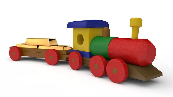 Illustration Wooden Train Toys Car Lucky Three Gold Bars Idea — Stock Photo, Image