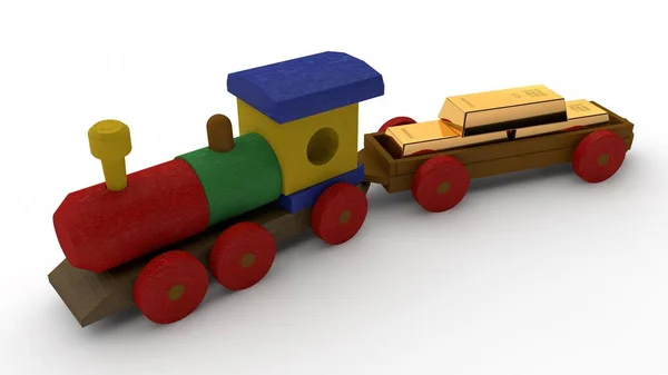 木造電車 車の玩具の イラストレーション 幸運の つの金の延べ棒 銀行のアイデア資本金 預金通貨基金の資金準備 分離した白い背景に画像 — ストック写真