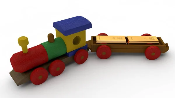 Illustration Wooden Train Toys Car Lucky Two Gold Bars Idea — Stock Photo, Image