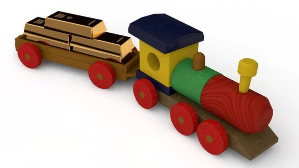 Illustration Wooden Train Toys Car Lucky Five Gold Bars Idea — Stock Photo, Image