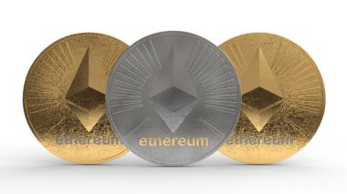 3D çizim Ethereum altın ve gümüş paralar. Uluslararası cryptocurrency, başarı, zenginlik, servet fikri. Beyaz arka plan üzerinde izole.