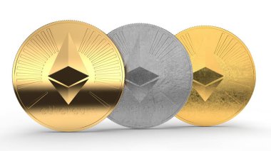 3D çizim Ethereum altın ve gümüş paralar. Uluslararası cryptocurrency, başarı, zenginlik, servet fikri. Beyaz arka plan üzerinde izole.