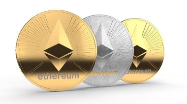 3D çizim Ethereum altın ve gümüş paralar. Uluslararası cryptocurrency, başarı, zenginlik, servet fikri. Beyaz arka plan üzerinde izole.