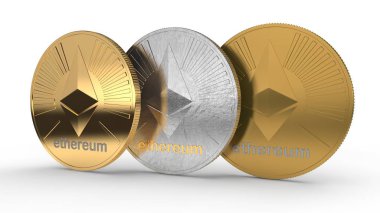 3D çizim Ethereum altın ve gümüş paralar. Uluslararası cryptocurrency, başarı, zenginlik, servet fikri. Beyaz arka plan üzerinde izole.