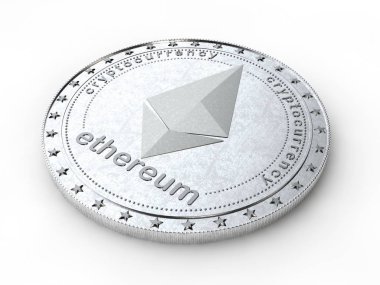 Ethereum gümüş sikke noktalar yüzeyi ile 3D Illustration. Uluslararası cryptocurrency, başarı, zenginlik, servet fikri. Yeni sanal para. Beyaz arka plan üzerinde izole.