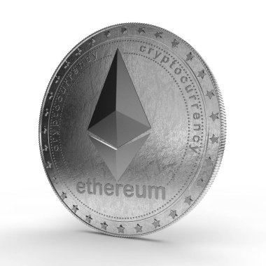 Ethereum gümüş sikke noktalar yüzeyi ile 3D Illustration. Uluslararası cryptocurrency, başarı, zenginlik, servet fikri. Yeni sanal para. Beyaz arka plan üzerinde izole.
