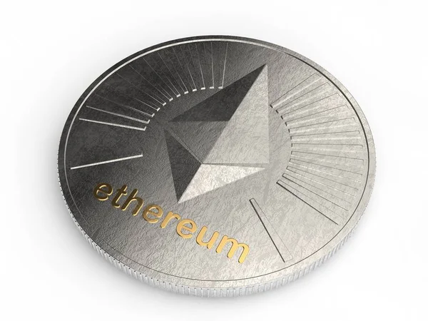 Ethereum イラストレーションのシルバー コイン表面に斑点があります Cryptocurrency 富のアイデア 新しい仮想マネー 白い背景に分離 — ストック写真